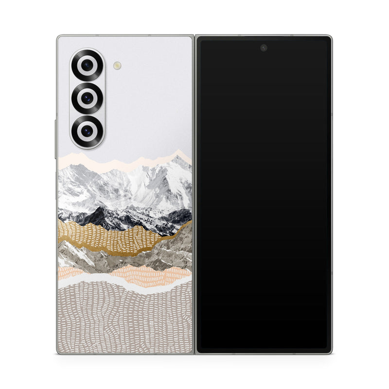 Samsung Galaxy Z Fold6 Skin design of White, Mountainous landforms, Mountain, Mountain range, Glacial landform, Geological phenomenon, Sky, Ridge, Geology, Glacier, with white, yellow, brown, gray, black colors
