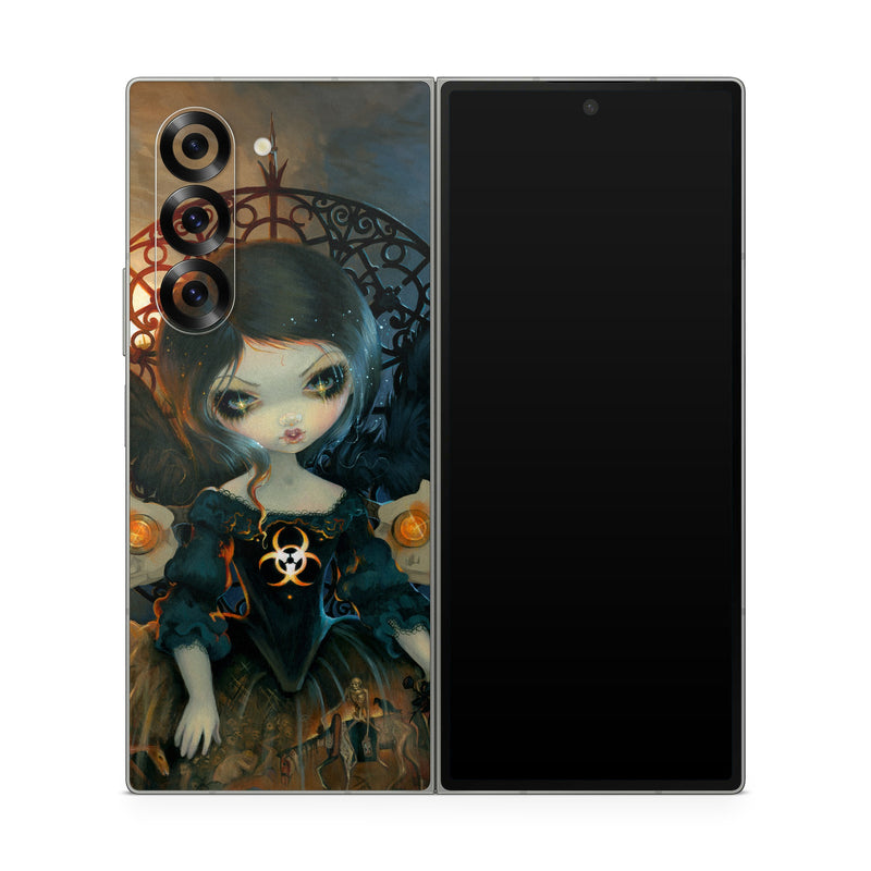 Samsung Galaxy Z Fold6 Skin design of Doll, Head, Illustration, Eye, Cg artwork, Fictional character, Toy, Iris, Art, Mythology, with brown, red, black, orange, blue, yellow colors