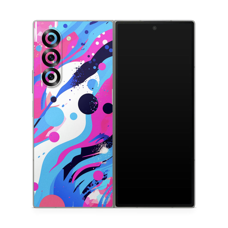Samsung Galaxy Z Fold6 Skin design of Organism, Art, Line, Font, Magenta, Art paint, Paint, Pattern, Electric blue, Tints and shades, with pink, blue, white, black, orange colors
