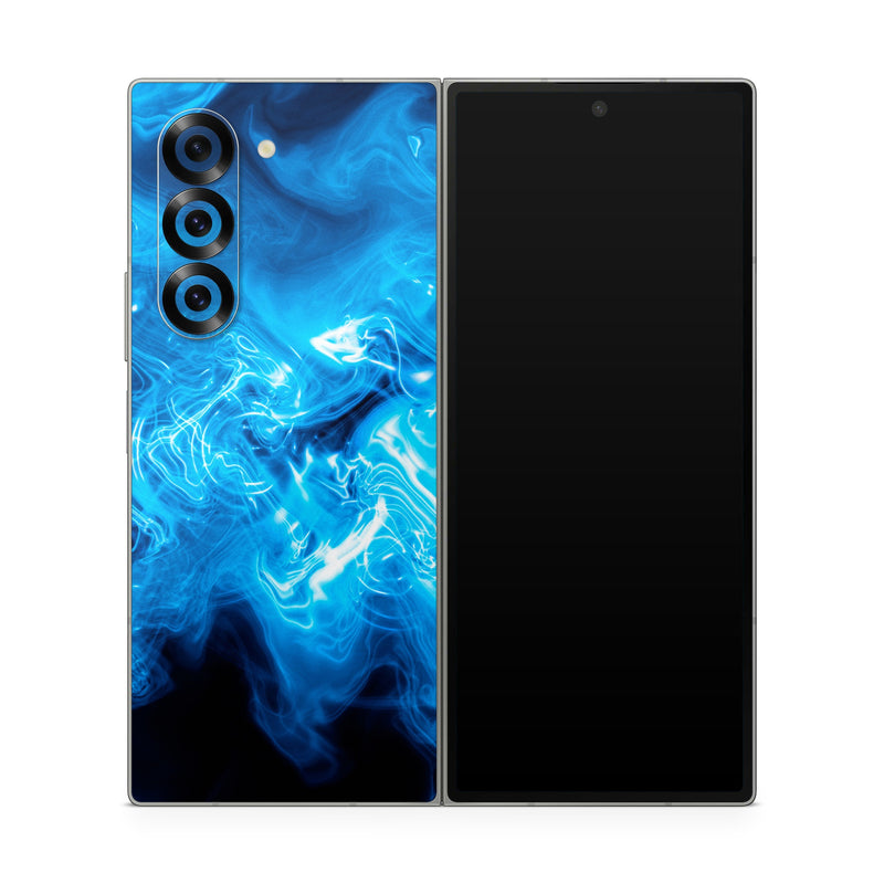 Samsung Galaxy Z Fold6 Skin design of Blue, Water, Electric blue, Organism, Pattern, Smoke, Liquid, Art, with blue, black, purple colors