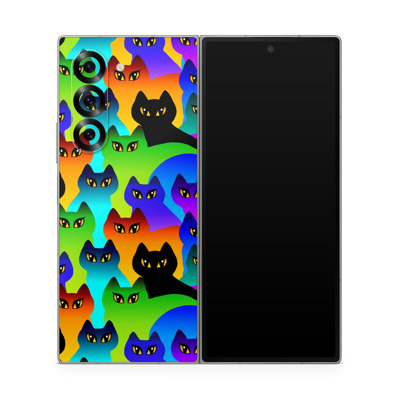 Samsung Galaxy Z Fold6 Skin design of Black cat, Purple, Cat, Small to medium-sized cats, Pattern, Design, Felidae, Illustration, Art, with black, blue, green, purple colors