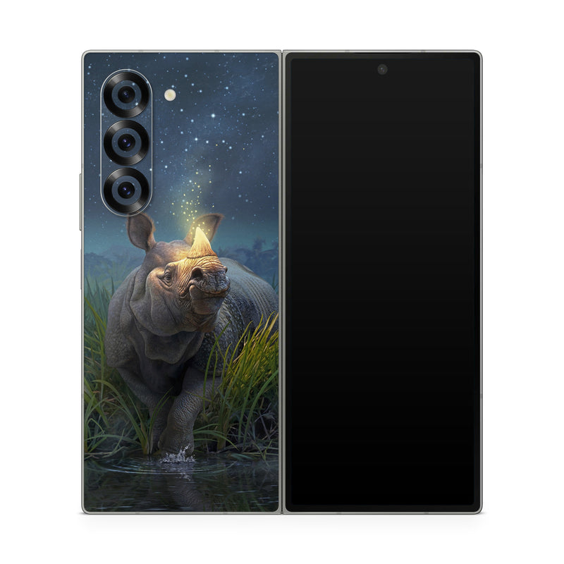 Samsung Galaxy Z Fold6 Skin design of Wildlife, Sky, Photography, Grass, Fawn, with blue, green, gray, yellow, white colors