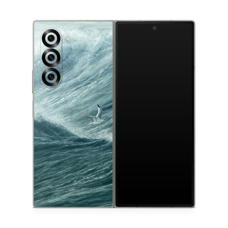 Samsung Galaxy Z Fold6 Skin design of Wave, Wind wave, Tide, Sea, Ocean, Water, Sky, Wind, Tsunami, Surfing, with blue, white colors