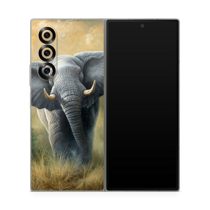 Samsung Galaxy Z Fold6 Skin design of Terrestrial animal, Elephants and Mammoths, Vertebrate, Wildlife, Mammal, African elephant, Indian elephant, Grassland, Working animal, Tusk, with gray, white, green, brown, yellow, orange colors