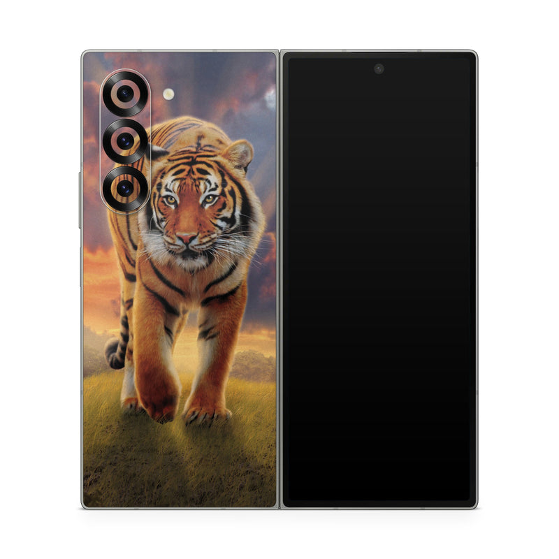 Samsung Galaxy Z Fold6 Skin design of Tiger, Wildlife, Bengal tiger, Mammal, Felidae, Siberian tiger, Sky, Big cats, Terrestrial animal, Carnivore, with black, white, yellow, red, green, blue colors