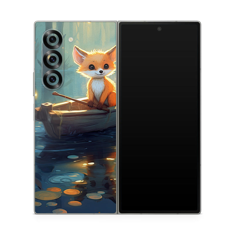 Samsung Galaxy Z Fold6 Skin design of Water, Boat, Light, Nature, Organism, Orange, Cartoon, Watercraft, Art, Plant, with blue, yellow, orange, white, black, gray, green, brown colors