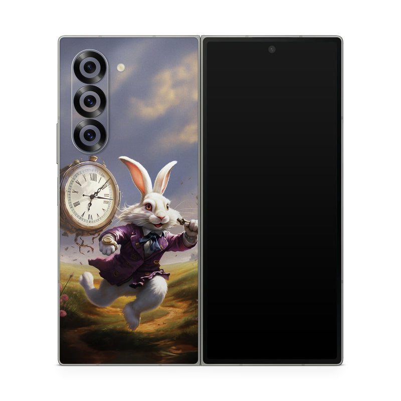 Samsung Galaxy Z Fold6 Skin design of Sky, Plant, Nature, Cartoon, Rabbit, Cloud, Clock, Happy, Fawn, Art, with white, gray, purple, blue, green, pink, brown colors