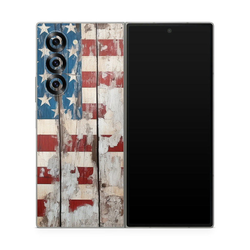 Samsung Galaxy Z Fold6 Skin design of Flag of the united states, World, Rectangle, Textile, Line, Wall, Flag, Symmetry, Tints and shades, Pattern, with red, blue, white, brown, gray, black colors