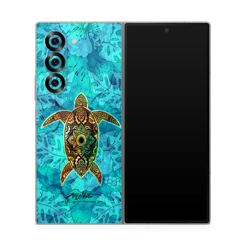 Samsung Galaxy Z Fold6 Skin design of Sea turtle, Green sea turtle, Turtle, Hawksbill sea turtle, Tortoise, Reptile, Loggerhead sea turtle, Illustration, Art, Pattern, with blue, black, green, gray, red colors