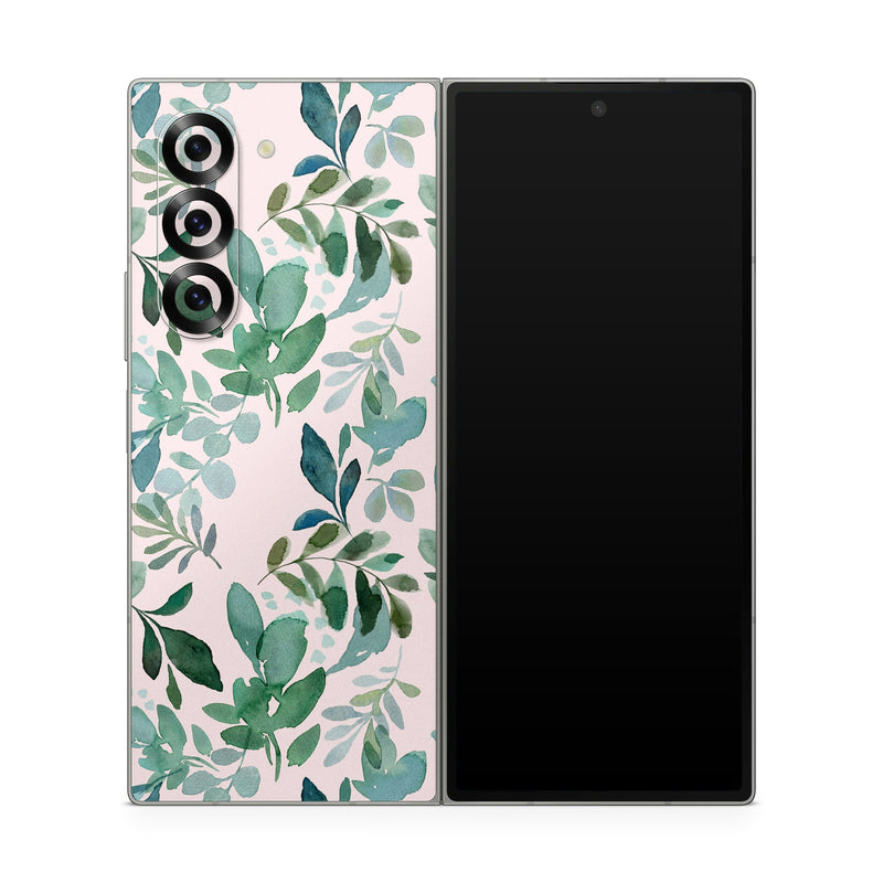 Samsung Galaxy Z Fold6 Skin design of Pattern, Green, Leaf, Design, Plant, Tree, Military camouflage, with white, green, blue colors
