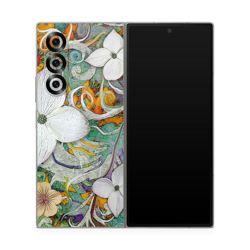 Samsung Galaxy Z Fold6 Skin design of Flower, Pattern, Plant, Wildflower, Floral design, Petal, Art, Painting, Visual arts, Wallpaper, with gray, black, green, blue, red colors