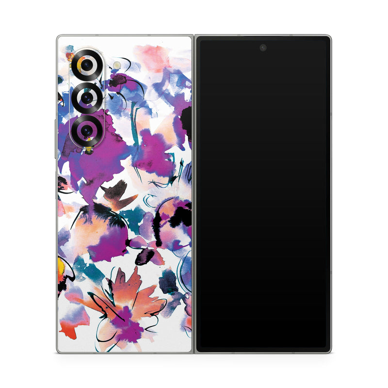 Samsung Galaxy Z Fold6 Skin design of Product, Purple, Illustration, Graphic design, Plant, Clip art, Flower, Graphics, Wildflower, Watercolor paint, with white, purple, pink, yellow, blue, black colors