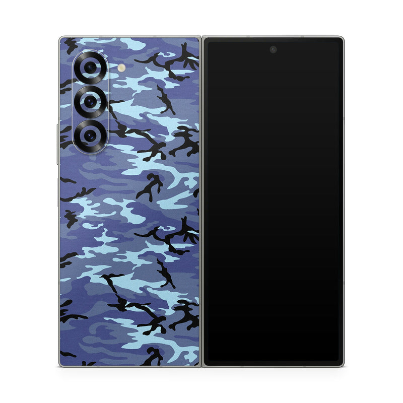Samsung Galaxy Z Fold6 Skin design of Military camouflage, Pattern, Blue, Aqua, Teal, Design, Camouflage, Textile, Uniform, with blue, black, gray, purple colors