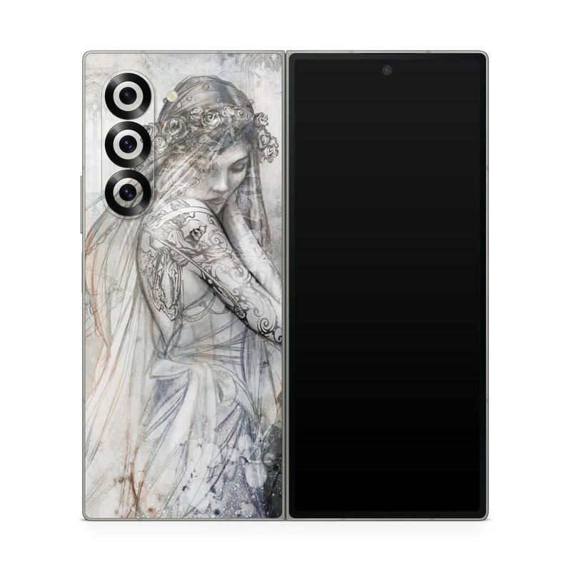 Samsung Galaxy Z Fold6 Skin design of Lady, Art, Illustration, Drawing, Painting, Sketch, Mythology, Figure drawing, Long hair, Visual arts, with white, gray, black colors