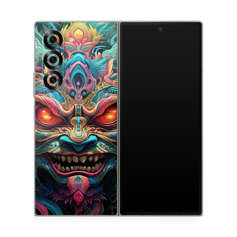 Samsung Galaxy Z Fold6 Skin design of Head, Eye, Human body, Art, Painting, Symmetry, Pattern, Paint, Magenta, Visual arts, with green, blue, yellow, orange, red, white, purple, black, gray colors