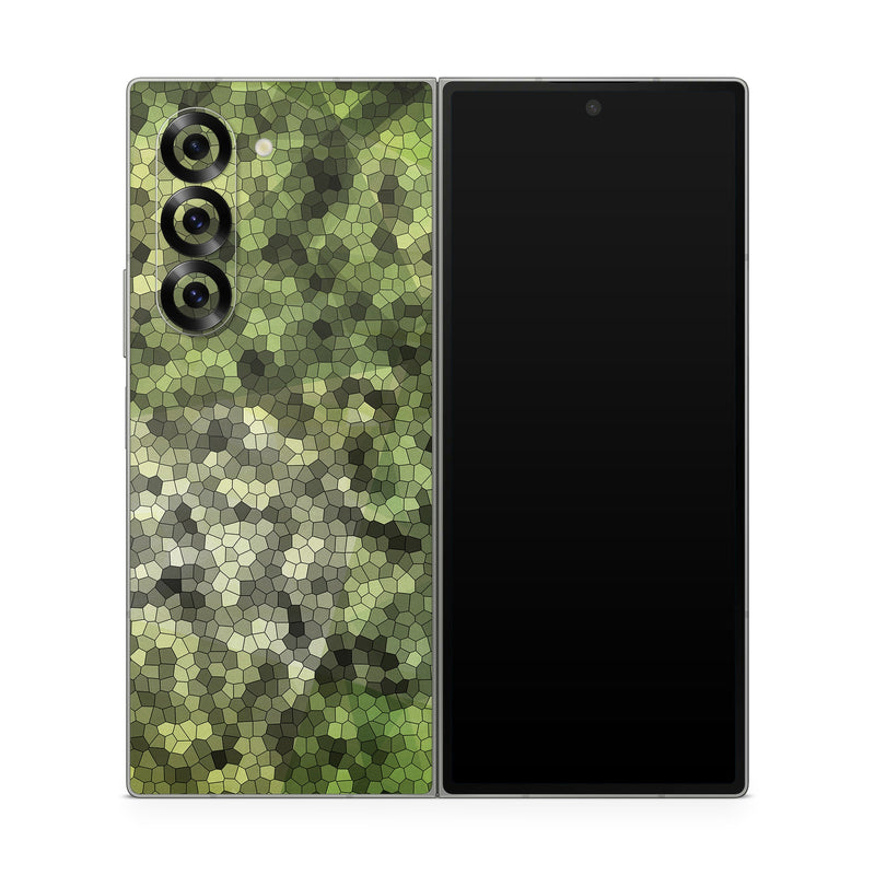 Samsung Galaxy Z Fold6 Skin design of Green, Grass, Leaf, Plant, Pattern, Groundcover, with black, white, green, gray colors