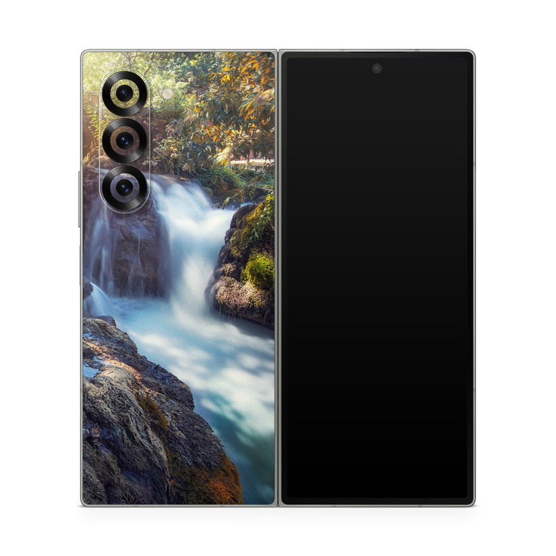 Samsung Galaxy Z Fold6 Skin design of Waterfall, Natural landscape, Body of water, Nature, Water resources, Water, Watercourse, Stream, Nature reserve, Rock, with gray, yellow, orange, green, white, blue colors