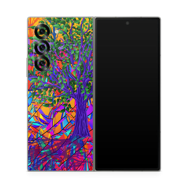 Samsung Galaxy Z Fold6 Skin design of Psychedelic art, Pattern, Visual arts, Art, Plant, Acrylic paint, Modern art, with green, purple, orange, blue, purple, yellow, red colors