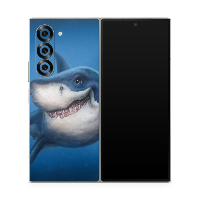 Samsung Galaxy Z Fold6 Skin design of Fish, Great white shark, Shark, Tiger shark, Cartilaginous fish, Requiem shark, Lamniformes, Bull shark, Carcharhiniformes, with black, blue, gray colors