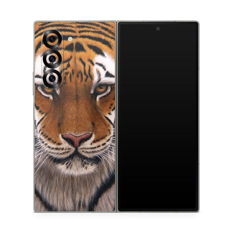 Samsung Galaxy Z Fold6 Skin design of Tiger, Mammal, Wildlife, Terrestrial animal, Vertebrate, Bengal tiger, Whiskers, Siberian tiger, Felidae, Snout, with black, gray, red, green, pink colors