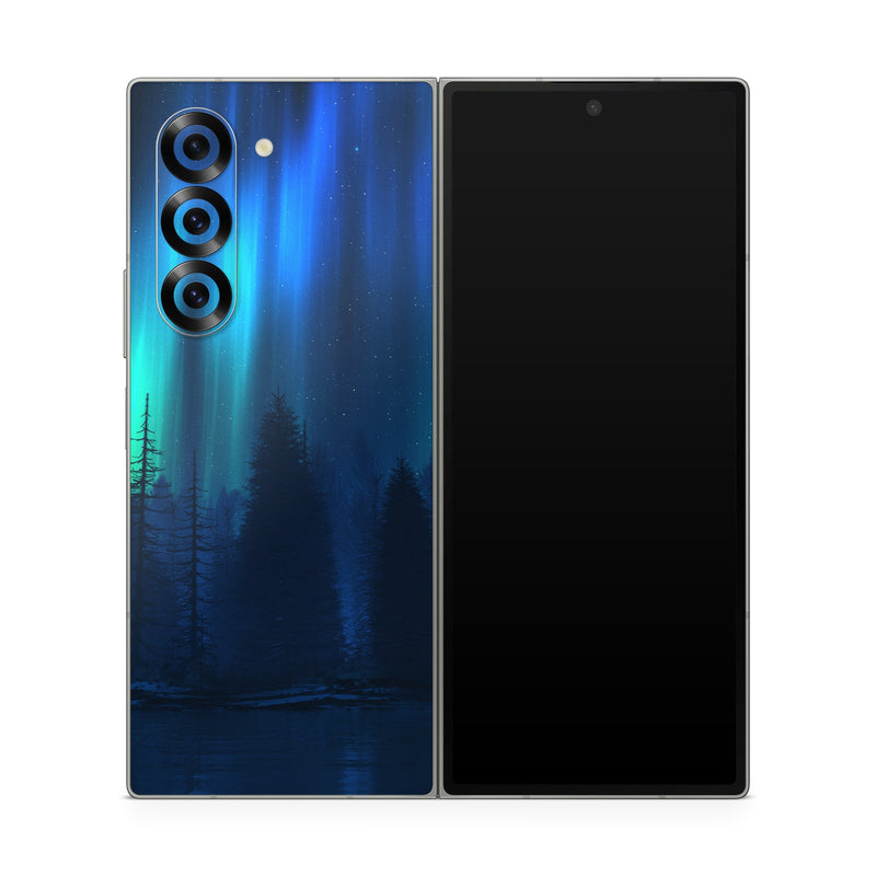 Samsung Galaxy Z Fold6 Skin design of Blue, Light, Natural environment, Tree, Sky, Forest, Darkness, Aurora, Night, Electric blue, with black, blue colors