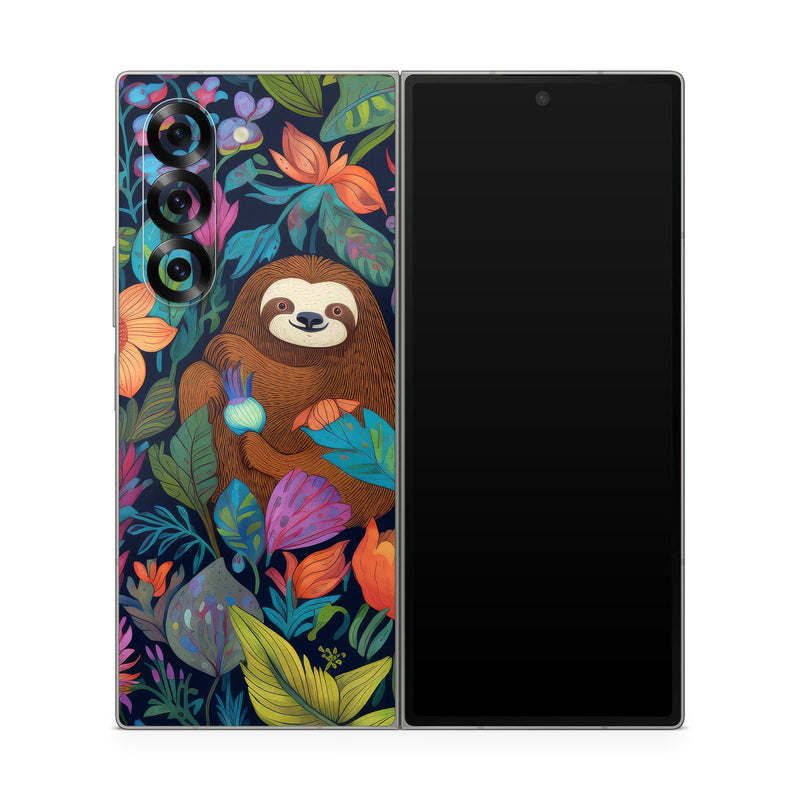 Samsung Galaxy Z Fold6 Skin design of Flower, Plant, Vertebrate, Botany, Textile, Petal, Mammal, Painting, Creative arts, Grass, with black, brown, blue, white, orange, yellow, red, pink, green colors