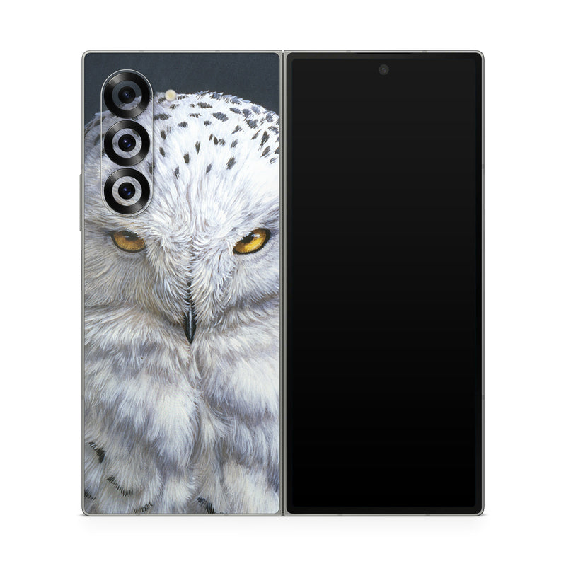 Samsung Galaxy Z Fold6 Skin design of Owl, Bird, Bird of prey, Snowy owl, great grey owl, Close-up, Eye, Snout, Wildlife, Eastern Screech owl, with gray, white, black, blue, purple colors