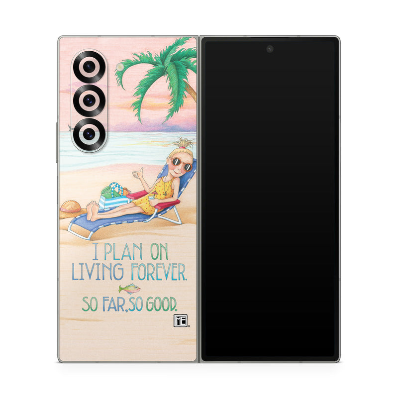 Samsung Galaxy Z Fold6 Skin design of Vacation, Product, Summer, Aqua, Illustration, Sun tanning, Fictional character, Caribbean, Graphics, Happy, with pink, green, brown, yellow, blue, white, red colors