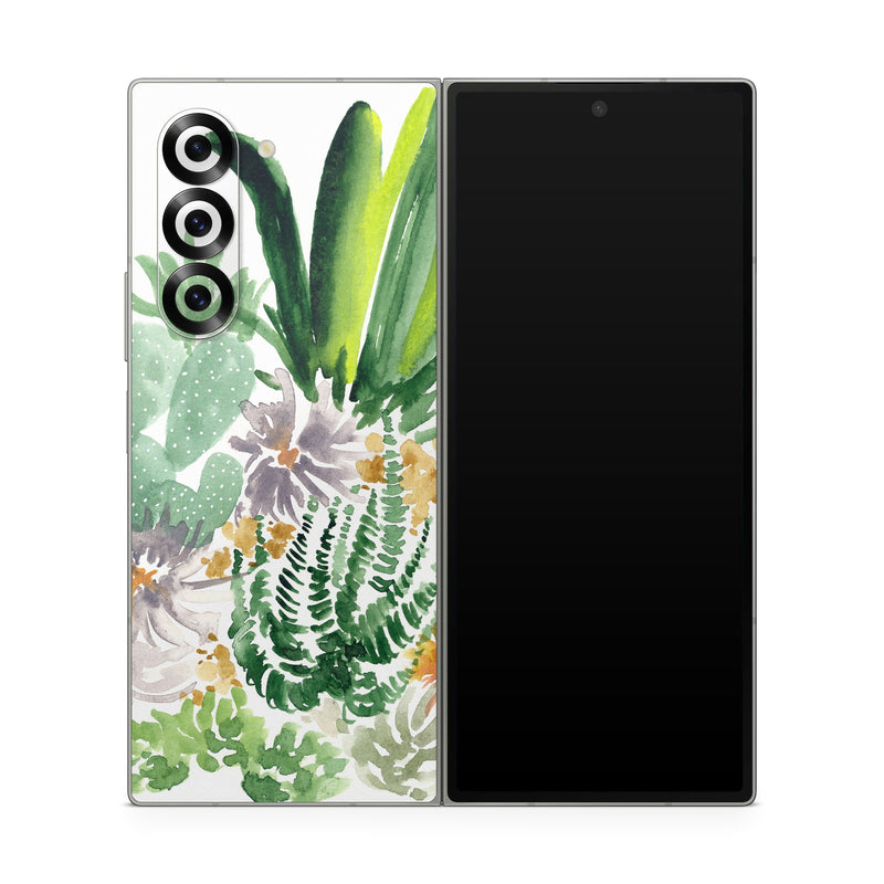 Samsung Galaxy Z Fold6 Skin design of Cactus, Plant, Flower, Botany, Leaf, Illustration, Pine, Grass, Succulent plant, Branch, with white, green, red, orange colors