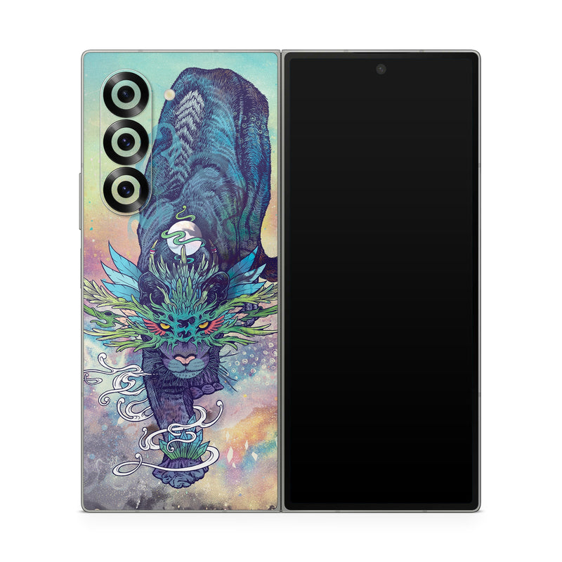 Samsung Galaxy Z Fold6 Skin design of Illustration, Fictional character, Graphic design, Demon, Art, Fiction, Cg artwork, Supernatural creature, with blue, green, black, white, yellow, orange, pink, purple colors