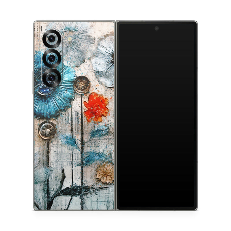 Samsung Galaxy Z Fold6 Skin design of Plant, Blue, Petal, Textile, Paint, Flower, Art, Creative arts, Pattern, Rectangle, with white, brown, black, yellow, blue, red, gray colors