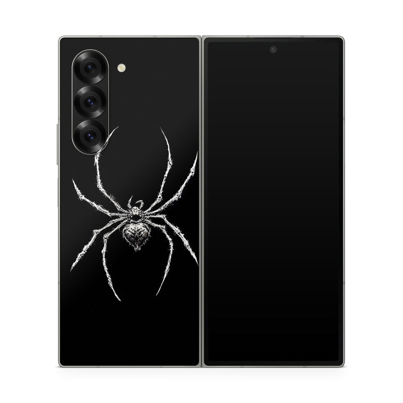Samsung Galaxy Z Fold6 Skin design of Arthropod, Spider, Insect, Spider web, Terrestrial animal, Arachnid, Invertebrate, Tangle-web spider, Symmetry, Terrestrial plant, with black, white, gray colors