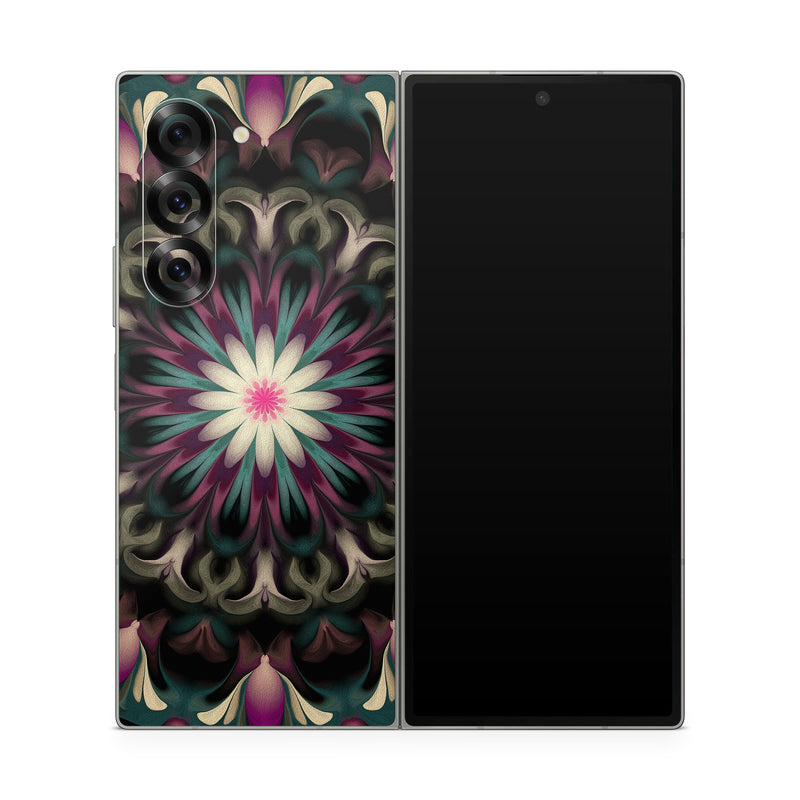 Samsung Galaxy Z Fold6 Skin design of Fractal art, Pattern, Pink, Psychedelic art, Art, Kaleidoscope, Design, Symmetry, Visual arts, Textile, with black, purple, white, green, blue colors