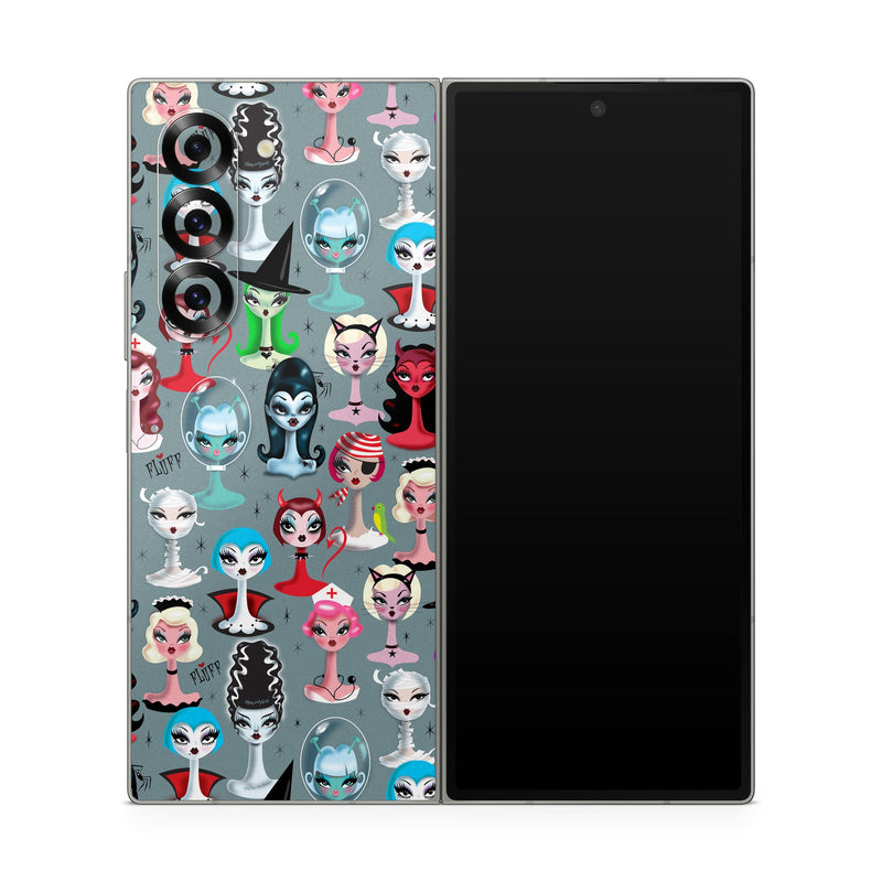 Samsung Galaxy Z Fold6 Skin design of Facial expression, Head, Design, Collection, Fictional character, Pattern, Skull, Illustration, Collage, Style, with gray, white, red, blue, green, black, pink, purple colors