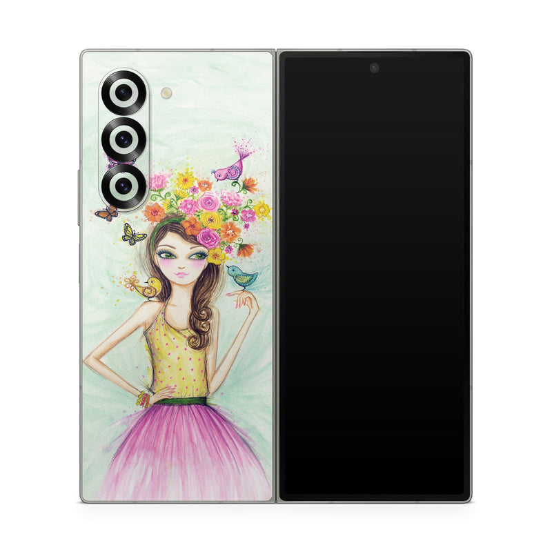Samsung Galaxy Z Fold6 Skin design of Pink, Illustration, Fashion illustration, Watercolor paint, Fictional character, Dress, Hair accessory, Wildflower, Costume, Plant, with blue, pink, yellow, orange, purple, brown, green colors