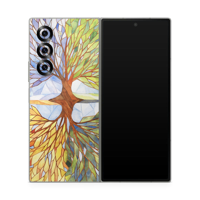 Samsung Galaxy Z Fold6 Skin design of Leaf, Tree, Botany, Plant, Symmetry, Art, Pattern, Painting, Plant stem, Plane, with blue, brown, orange, yellow, red, purple colors
