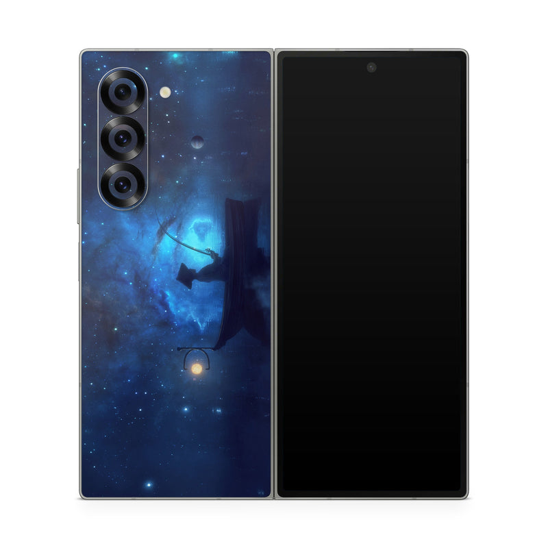 Samsung Galaxy Z Fold6 Skin design of Sky, Night, Atmosphere, Light, Atmospheric phenomenon, Darkness, Screenshot, Space, Midnight, Moonlight, with white, blue, black, green, orange colors