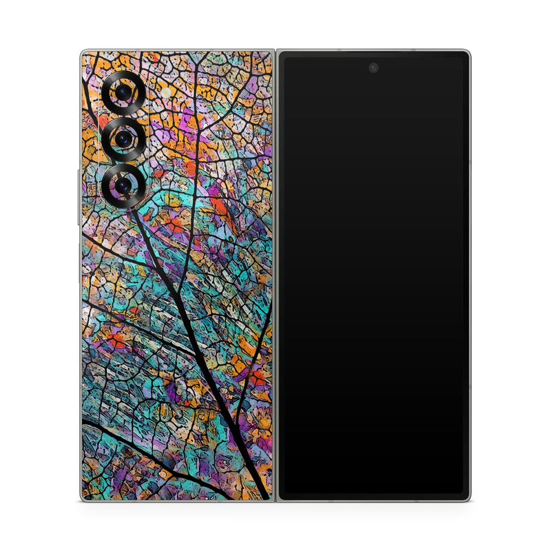 Samsung Galaxy Z Fold6 Skin design of Pattern, Colorfulness, Line, Branch, Tree, Leaf, Design, Visual arts, Glass, Plant, with black, gray, red, blue, green colors