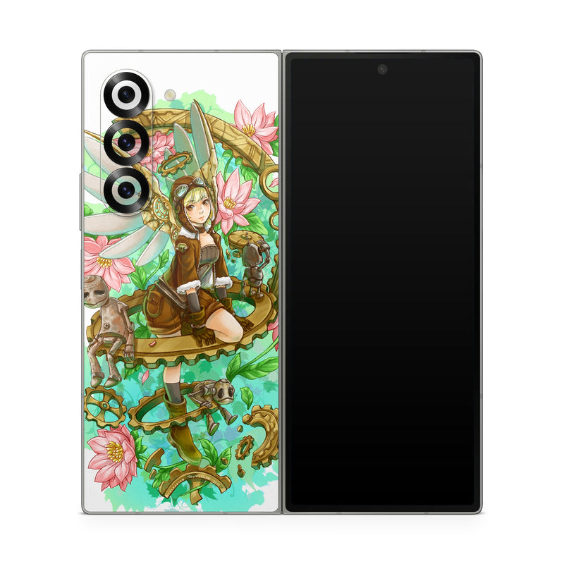Samsung Galaxy Z Fold6 Skin design of Illustration, Fictional character, Clip art, Art, Graphics, Plant, with white, yellow, pink, green, brown, black colors