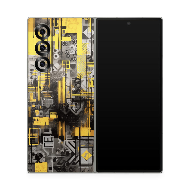 Samsung Galaxy Z Fold6 Skin design of Rectangle, Yellow, Font, Art, City, Engineering, Tints and shades, Pattern, Symmetry, Space, with black, white, gray, yellow colors