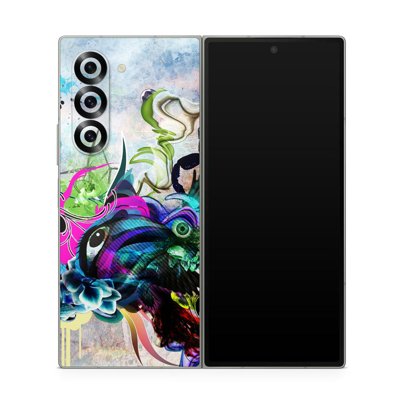 Samsung Galaxy Z Fold6 Skin design of Graphic design, Psychedelic art, Art, Illustration, Purple, Visual arts, Graffiti, Street art, Design, Painting, with gray, black, blue, green, purple colors