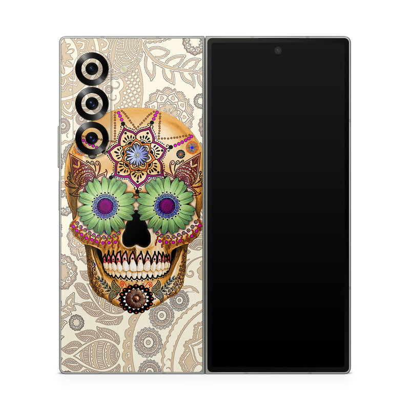Samsung Galaxy Z Fold6 Skin design of Skull, Bone, Pattern, Design, Illustration, Visual arts, Fashion accessory, Art, with gray, yellow, green, black, red, pink colors