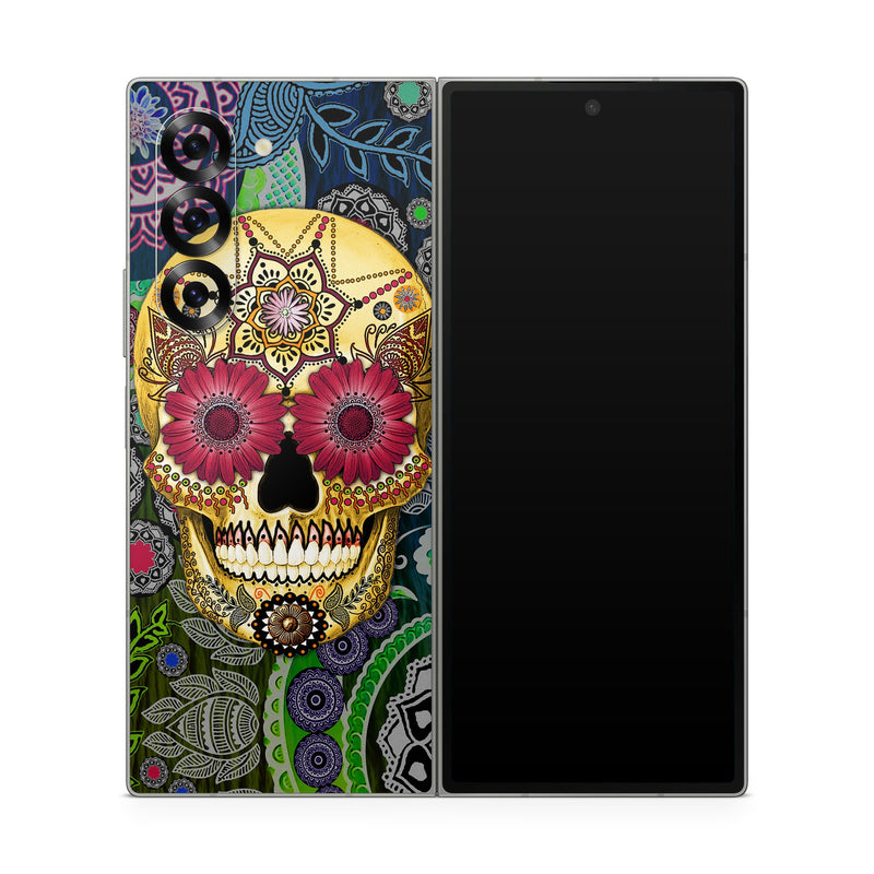 Samsung Galaxy Z Fold6 Skin design of Skull, Bone, Pattern, Psychedelic art, Visual arts, Design, Illustration, Art, Textile, Plant, with black, red, gray, green, blue colors