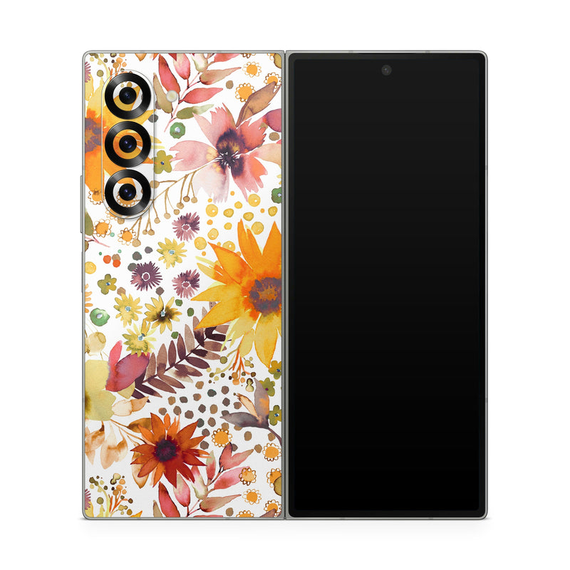 Samsung Galaxy Z Fold6 Skin design of Flower, Plant, Petal, Botany, Textile, Orange, Line, Groundcover, Creative arts, Flowering plant, with white, yellow, pink, green, brown, orange colors