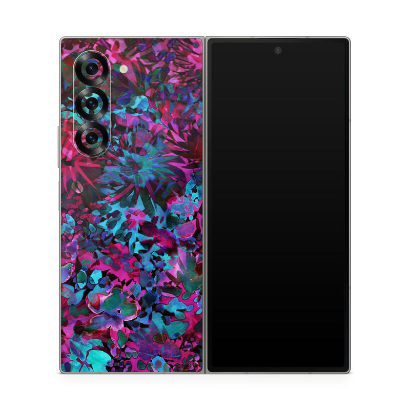 Samsung Galaxy Z Fold6 Skin design of Pink, Purple, Violet, Lilac, Flower, Leaf, Plant, Magenta, Botany, Pattern, with black, pink, purple, blue, green colors