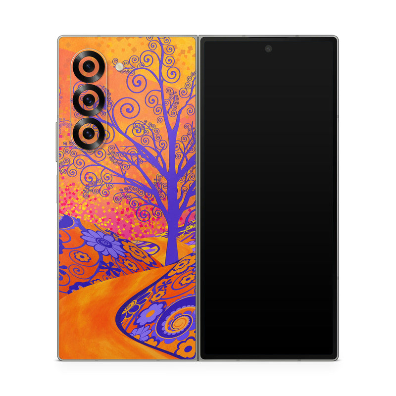 Samsung Galaxy Z Fold6 Skin design of Blue, Orange, Art, Acrylic paint, Modern art, Pattern, Visual arts, Painting, Majorelle blue, Psychedelic art, with orange, yellow, red, purple colors