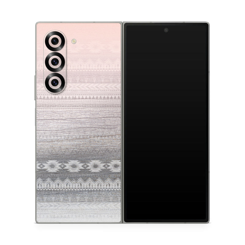 Samsung Galaxy Z Fold6 Skin design of White, Beige, Textile, Pattern, Lace, Tablecloth, Linen, Linens, with pink, white, gray colors