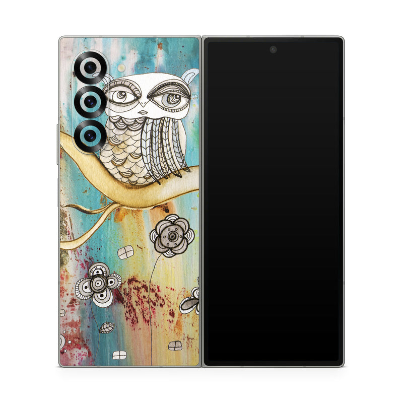 Samsung Galaxy Z Fold6 Skin design of Owl, Pink, Illustration, Art, Visual arts, Watercolor paint, Organism, Modern art, Graphic design, Pattern, with gray, red, green, black, blue, purple colors