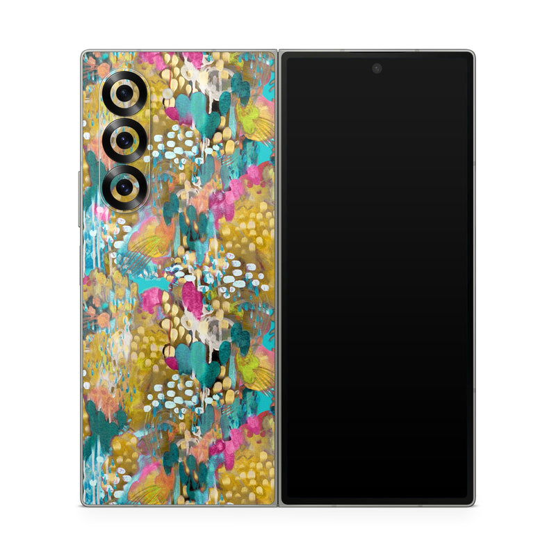 Samsung Galaxy Z Fold6 Skin design of Pattern, Textile, Design, Art, Visual arts, Wildflower, with green, gray, blue, black, red colors