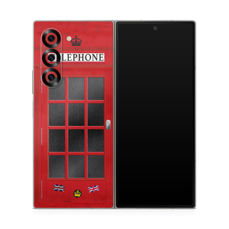 Samsung Galaxy Z Fold6 Skin design of Red, Font, Building, Telephone Booth, Facade, with red, black, gray, white, blue, yellow colors